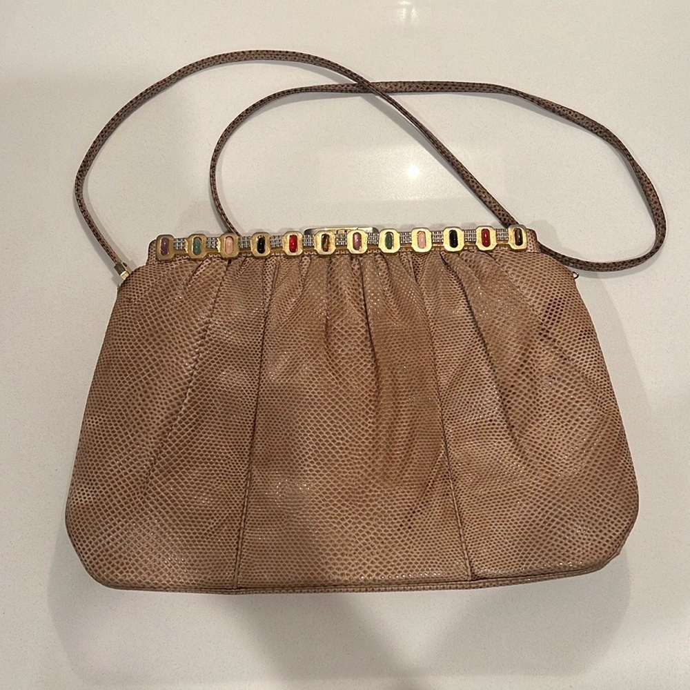 BEAUTIFUL! VINTAGE 1980’s Judith Leiber Exotic Tan Leather And Jeweled Purse!